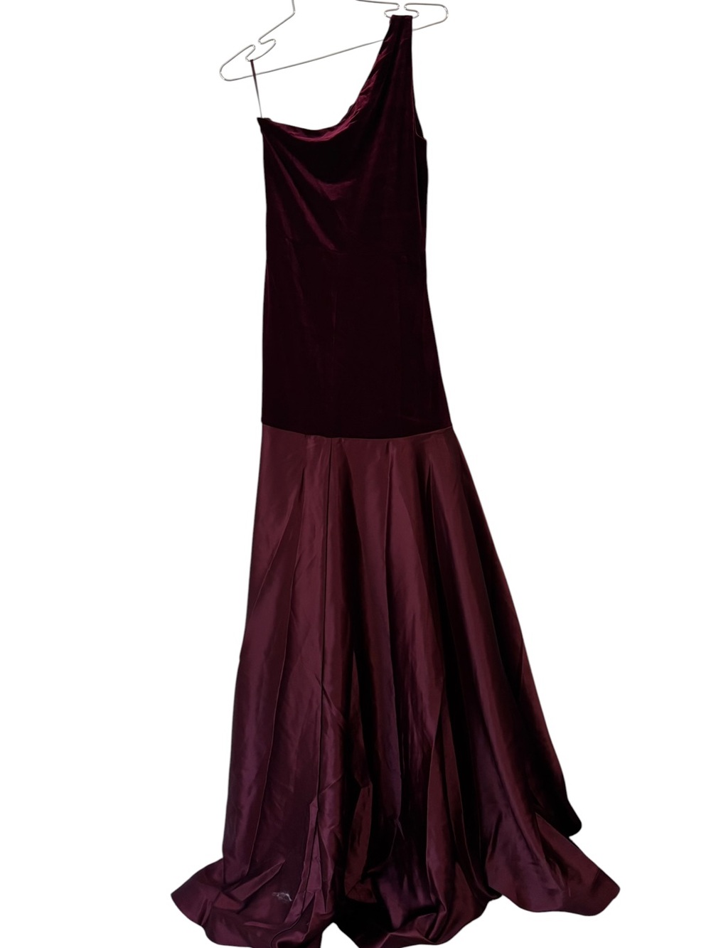 NWT Fehaute Burgundy Satin Ruched Velvet One Shoulder A-Line Gown Dress Size 4 - Picture 11 of 11